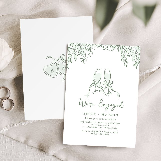 Convites Sage Mão Desenhada Brinde Toast Engajamento Capric (Sage Hand Drawn Cheers Toast Whimsical Engagement Invitation)