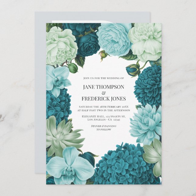 Convites Sage Mint, Ocean Teal & Ice Bluebell Wedding (Frente/Verso)