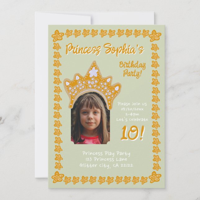 Convites Sage Mist Princess Crown Floral Photo Birthday (Frente)