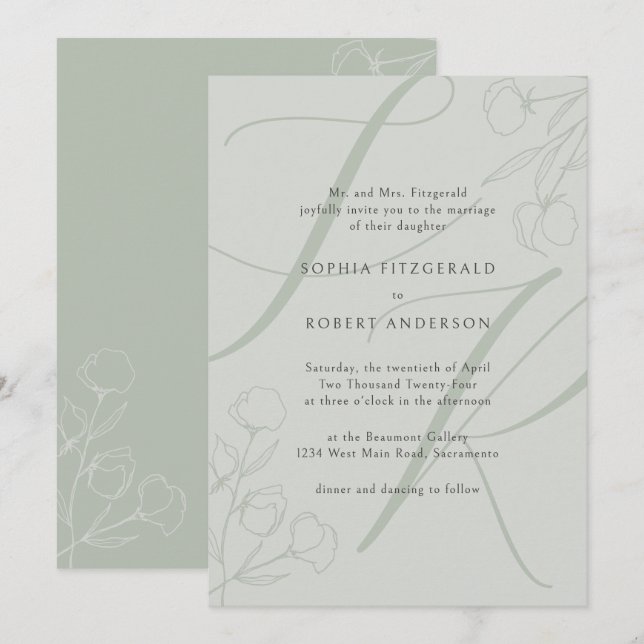 Convites Sage Modern Minimalist Typografia Floral Wedes (Frente/Verso)