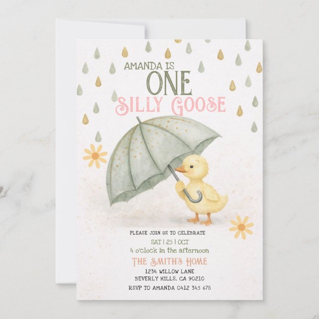 Convites Sage One Silly Goose First Birthday Invitation (Frente)