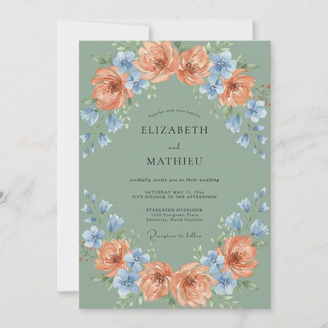 Convites Sage Pêssego Azul Floral Casamento (Frente)