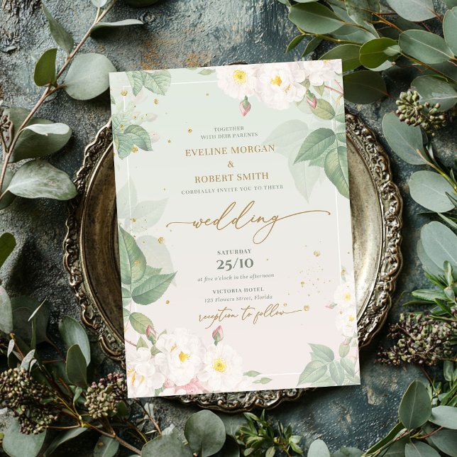 Convites Sage primavera de rosas selvagens brancos Elegante (Elegant watercolor spring white wild roses sage invitation)