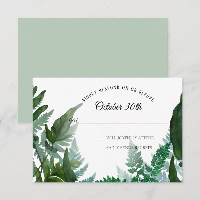 Convites Sage RSVP Casamento Samambaias Folhagem Floresta F (Frente/Verso)