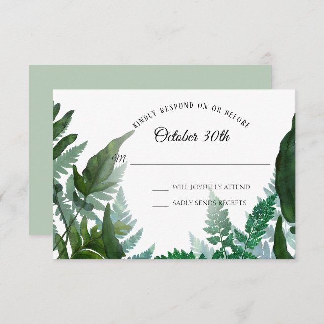 Convites Sage RSVP Wedding Ferns Forest Foliage Foliage Fol (Frente/Verso)