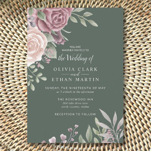 Convites Sage Rustic Dusty Rosa Watercolor Boho Flowers Inv