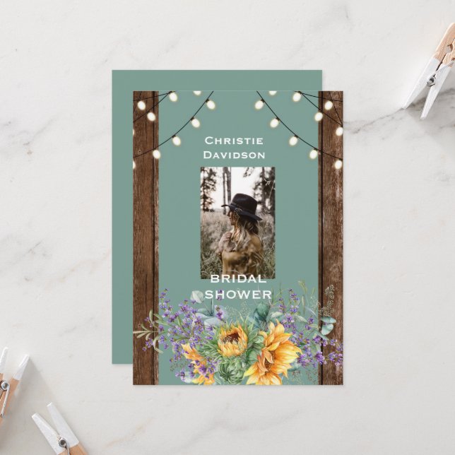 Convites Sage Rustic Sunflower Photo Lights Chá de panela (Frente/Verso In Situ)