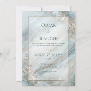 Convites Sage Seafoam Folha Dourada Mármore Casamento