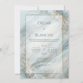 Convites Sage Seafoam Folha Dourada Mármore Casamento
