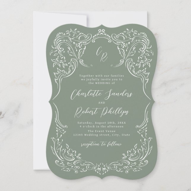 Convites Sage Sketch Vintage Flourish Monograme Casamento (Frente)