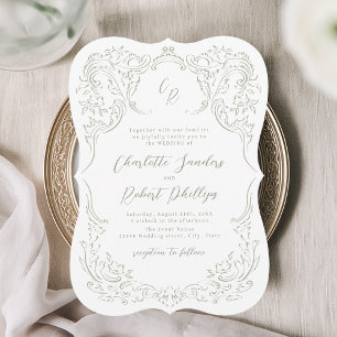 Convites Sage Sketch Vintage Flourish Monograme Casamento