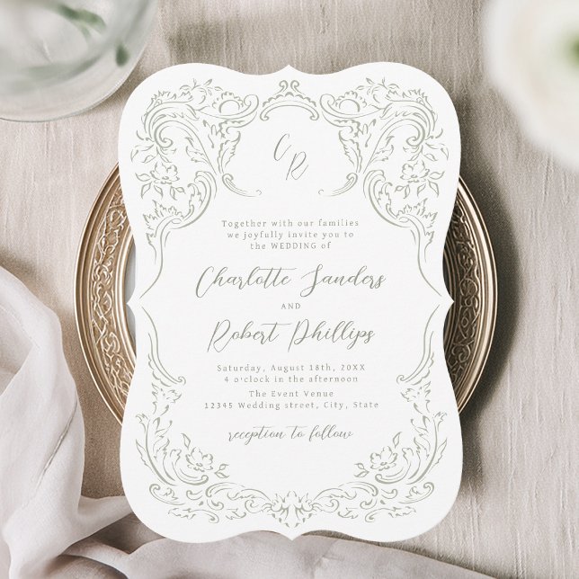 Convites Sage Sketch Vintage Flourish Monograme Casamento (Sage Sketched Vintage Flourish Monogram Wedding Invitation)