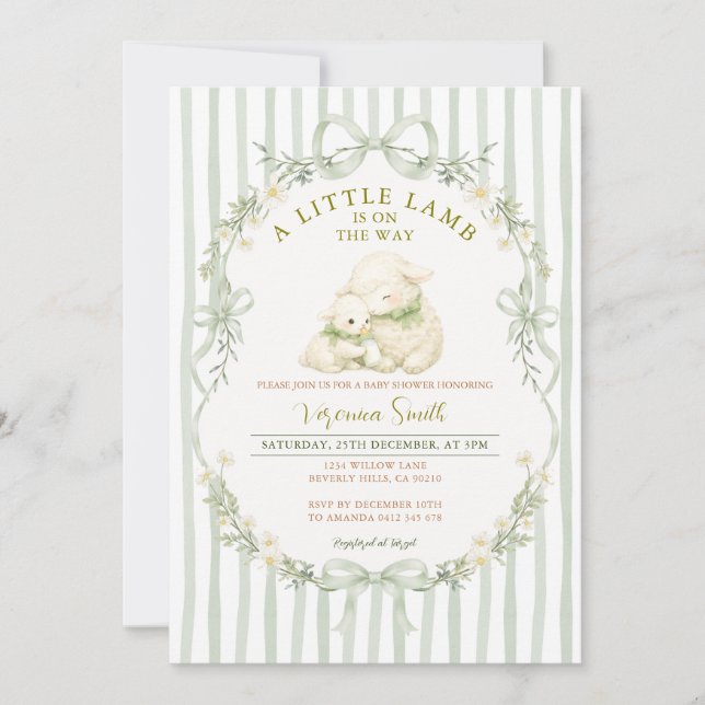Convites Sage Stripe Little Lamb Baby Shower Invitation (Frente)