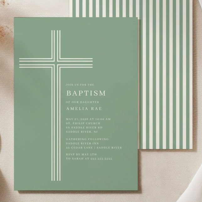 Convites Sage Striped Cross Baptism Invitation  (Criador carregado)