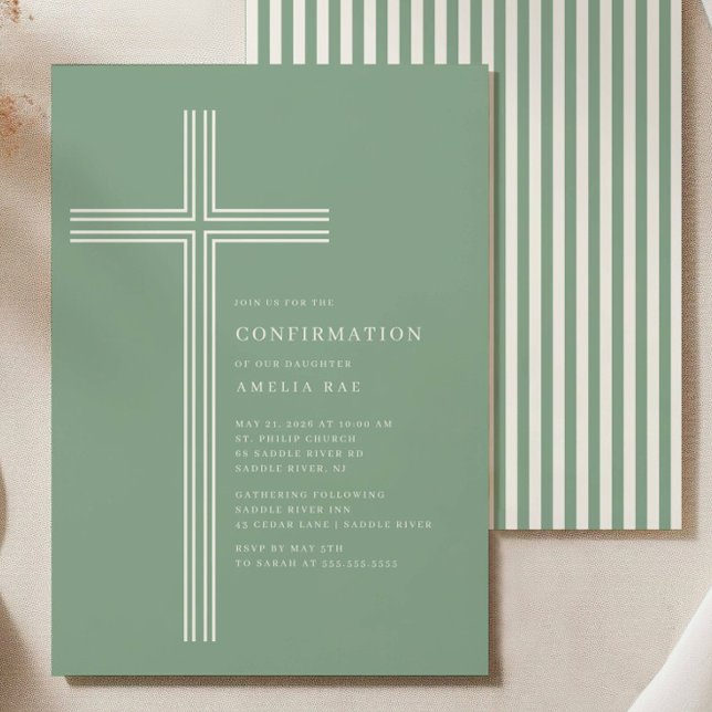 Convites Sage Striped Cross Confirmation Invitation (Criador carregado)