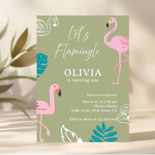 Convites Sage Verde Aniversário do Flamingo Let’s Flamingle