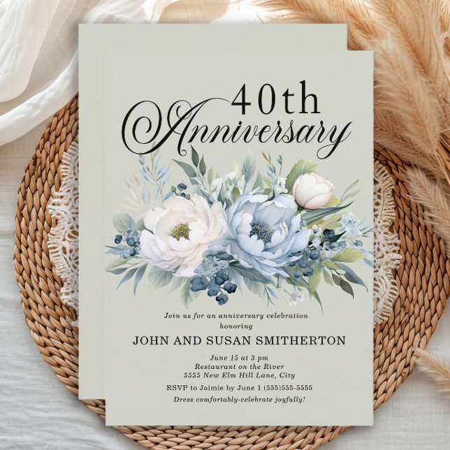 Convites Sage Verde Azul Empoeirado 40º Aniversário (Dusty blue watercolor floral and sage green 40th wedding anniversary invitation)