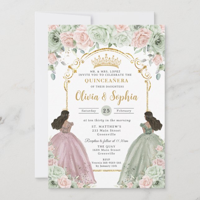 Convites Sage Verde Beijo Floral Brown Gêmeas Quinceañera  (Frente)
