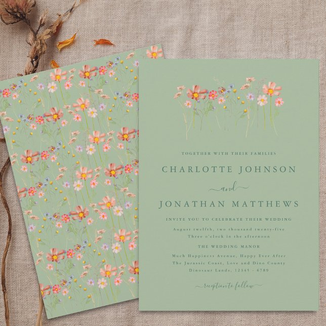 Convites Sage Verde Boho Rústico Jardim de Flores Silvestre (Boho fall Wildflower sage green floral Wedding invitation Watercolor flowers elegant modern design)