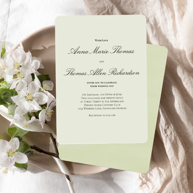 Convites Sage Verde Botânico Moderno Casamento com Letra (Elegant sage green script invitation with soft, romantic minimalist design.)