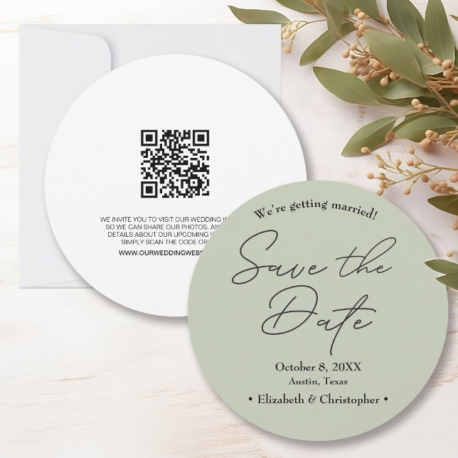 Convites Sage verde Casamento mínimo Salve a data (Minimalist Sage green save the date with wedding website. )