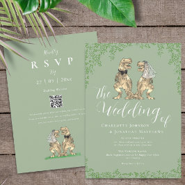 Convites Sage Verde Código QR de Casamento de Dinossauro El