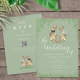 Convites Sage Verde Código QR de Casamento de Dinossauro El