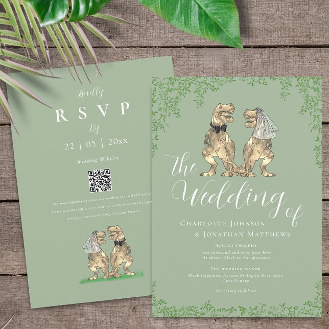 Convites Sage Verde Código QR de Casamento de Dinossauro El (Sage green T-Rex bride and groom dinosaur wedding invitation with rsvp qr code)
