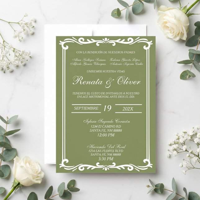 Convites Sage verde com moldura casamento espanhol  (Criador carregado)