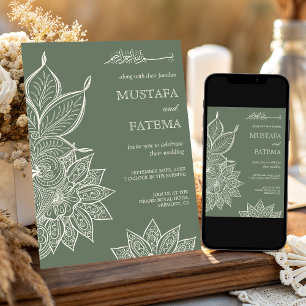 Convites Sage Verde Creme Mehndi Henna Casamento Muçulmano