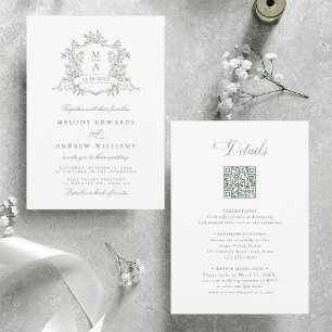 Convites Sage Verde Crista Floral Clássica Casamento Tudo e