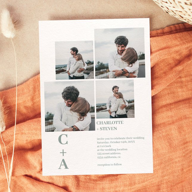 Convites Sage verde de fontes modernas 4 fotos casamento em (Criador carregado)