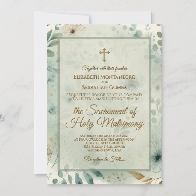 Convites Sage Verde e Dourado Boho Medley Casamento Católic (Frente)
