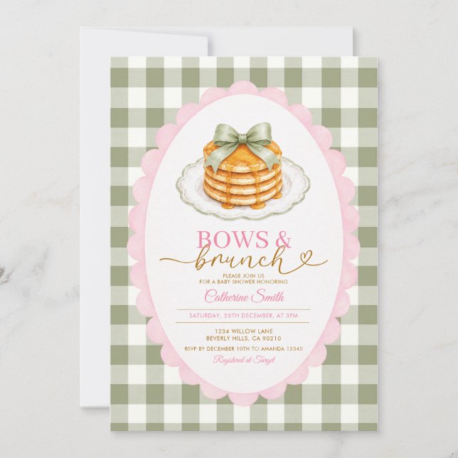 Convites Sage Verde e Laços Rosa e Brunch Chá de Bebê  (Frente)