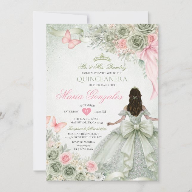 Convites Sage Verde e Rosa Princesa Borboleta Quinceañera (Frente)