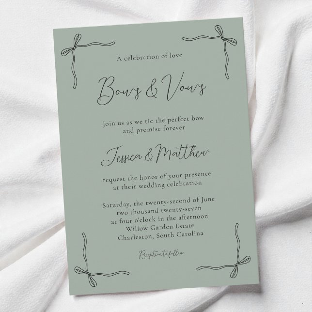 Convites Sage Verde Elegante Rocoquete de Arco de Casamento (Sage Green Elegant Script Coquette Bow Wedding Invitation)