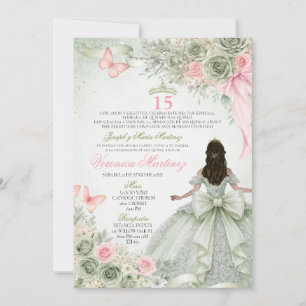 Convites Sage Verde Espanhol e Rosa Princesa Floral 15 Anos
