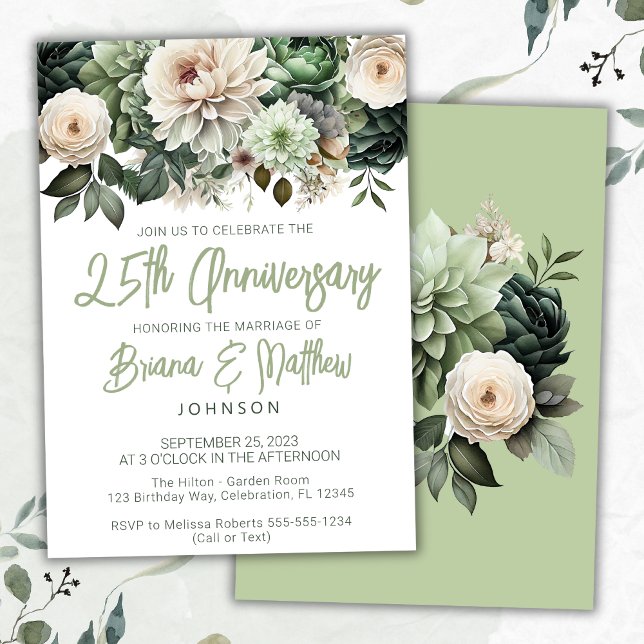 Convites Sage Verde Floral 25º Aniversário de Casamento  (Criador carregado)
