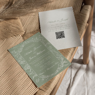 Convites Sage Verde Floral Boho Botânico Código QR Casament