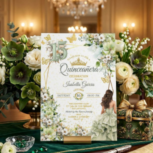 Convites Sage Verde Floral Borboletas Douradas Quinceañera