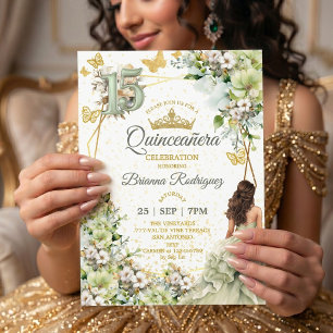 Convites Sage Verde Floral Borboletas Douradas Quinceañera