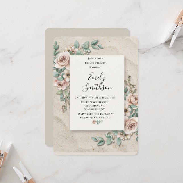 Convites Sage Verde Floral Brunch & Espumante (Frente/Verso In Situ)