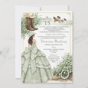 Convites Sage Verde Floral Charro Princesa 15 Anos Espanhol