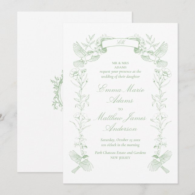 Convites Sage Verde Floral Chinoiserie Casamento (Frente/Verso)