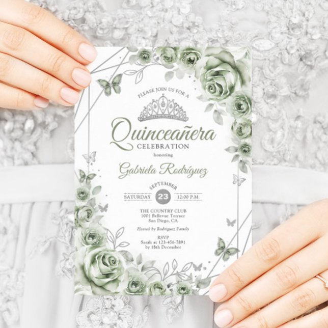 Convites Sage Verde Floral Quinceanera (Criador carregado)