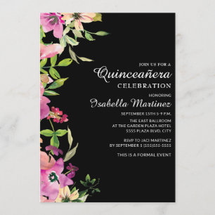 Convites Sage Verde Floral Rosa Folhas Pretas Quinceañera
