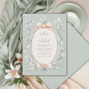 Convites Sage Verde Folhagem Pêssego Moldura Casamento Vint