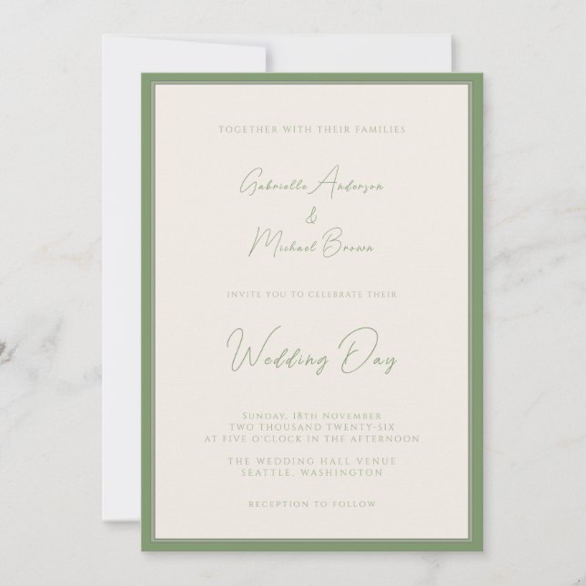 Convites Sage Verde Marfim Casamento Simples Tradicional  (Frente)