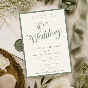 Convites Sage Verde & Marfim Elegante Script Nosso Casament