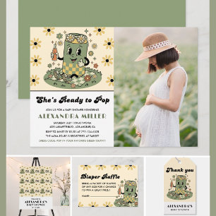 Convites Sage Verde Moderno Groovy Daisy Foto Pronta para E